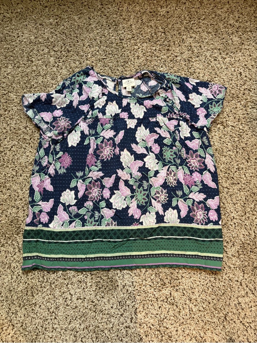 Floral Print Short-Sleeve Top - Navy, Pink & Green